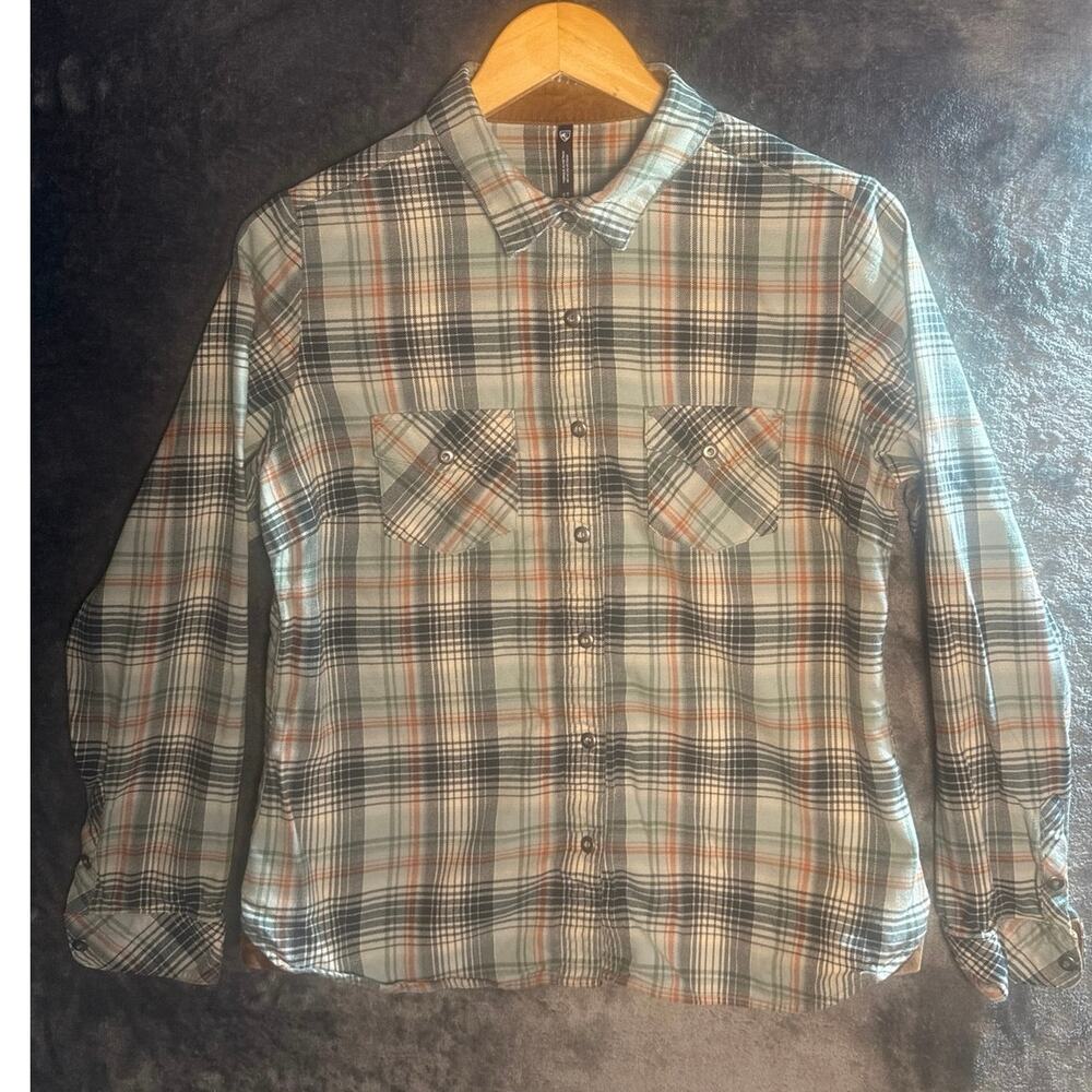 KUHL Tess Flannel Shirt Women’s Medium Gray Plaid Full Snap Long Sleeve Outdoor